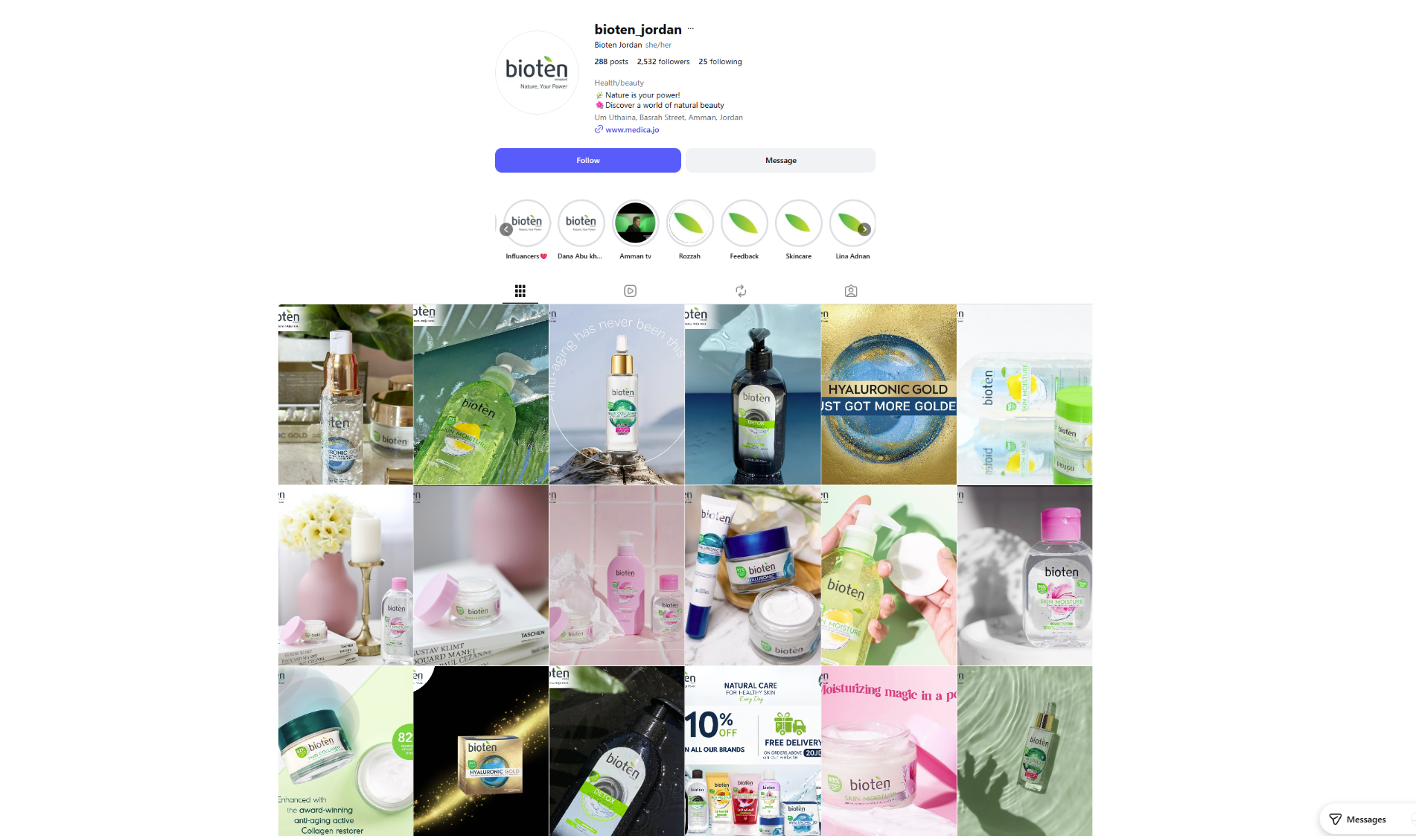 Bioten Jordan Instagram page showing skincare products and campaign visuals